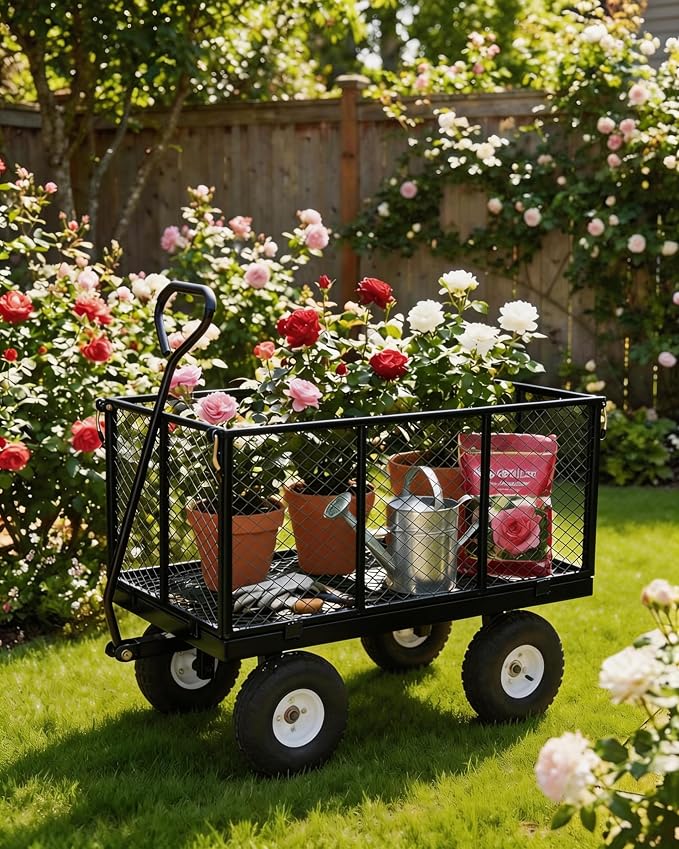 GarveeTech 400LBS Heavy Duty Steel Garden Cart, Garden Wagon Cart on Wheels, Metal Yard Utility Wagon with Removable Mesh Sides, 10" All Terrain Tires, 180° Rotating Handle for Lawn, Garden, Farm