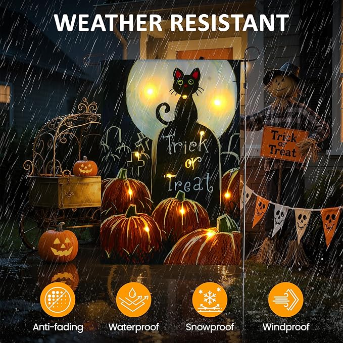 Solar Lighted Christmas Black Cat & Pumpkin Garden Flag Stake, Double-Sided Outdoor Yard Decor, LED Flag for Patio Lawn Thanksgiving Party Winter Holiday Decorations & Gifts