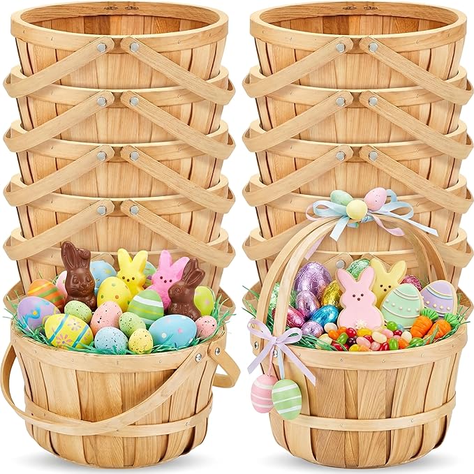 Marsui 10 Pcs Large Wooden Apple Basket 11 x 6.5'' Wicker Fruit Bushel Baskets with Handle for Garden Storage Organizing Farmers Personal or Commercial Use