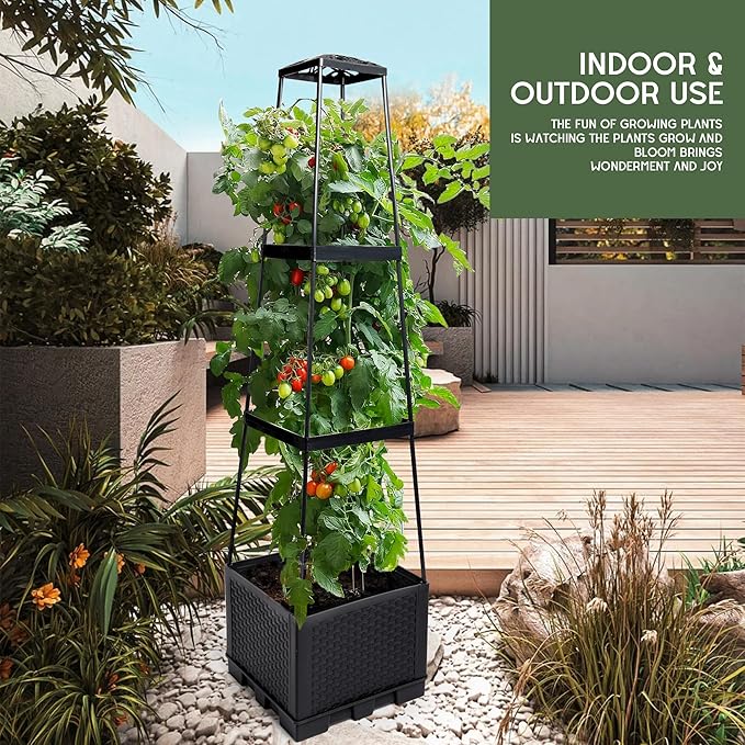 GENMOUS 3 Tiered Tomato Planter with Trellis for Small Climbing Vegetables Growing Plants, 45” Raised Garden Bed Planter Box Tomato Cage Tomato Planters for Patio Indoor Outdoor Vegetables （1 Pack）