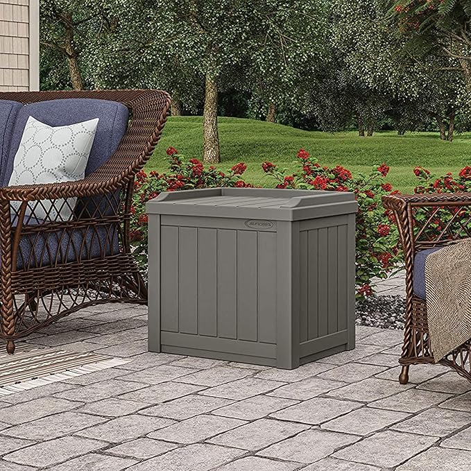 Suncast 22 gallon Indoor/Outdoor Backyard Patio Small Storage Deck Box with Attractive Bench Seat and Reinforced Lid, Stone (3 Pack)