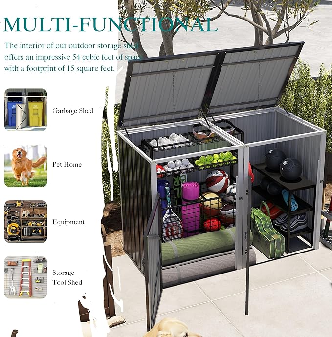 KEIKI 54 Cu.Ft Outdoor Trash Can Storage Shed for 2 Bins, Galvanized Metal Garbage Bin Enclosure with Hydraulic Lid & Dual Chain Design, Weather-Resistant, Dark Gray