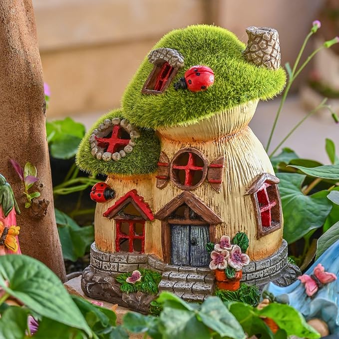 TERESA'S COLLECTIONS Mushroom Garden Statues with Outdoor Solar Light, Green Flocked Christmas Decorations for Home, Resin Fairy House Accessories Outdoor Decor Yard Thanksgiving Gifts for Mom, 8“