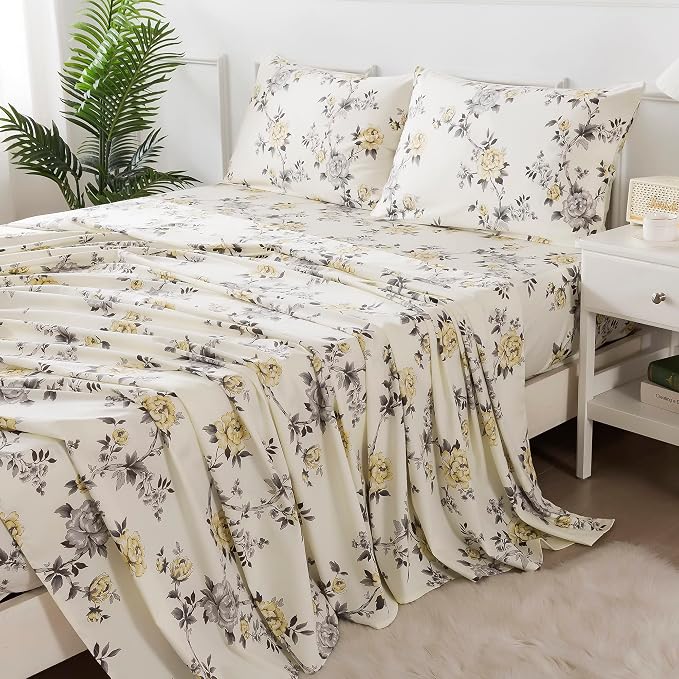 FADFAY Floral Sheets Set King Vintage Rose Floral Bedding Shabby Grey and Yellow Peony Sheets Farmhouse Bedding 800 Thread Count 100% Egyptian Cotton Soft Deep Pocket Fitted Sheet 4Pcs, King Size