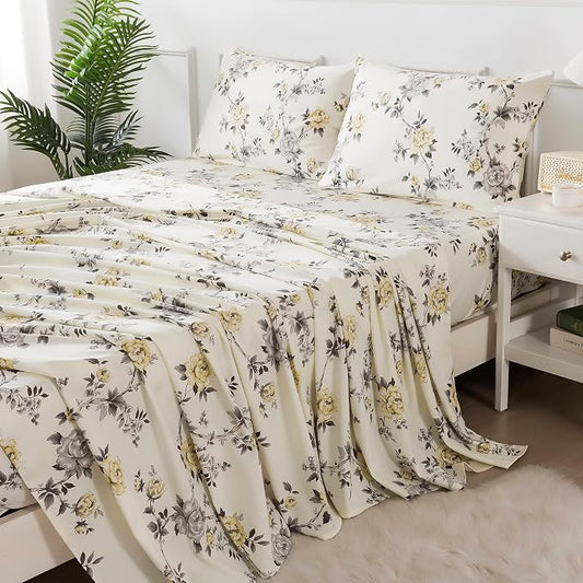 FADFAY Floral Sheets Set Cal King Vintage Rose Floral Bedding Shabby Grey and Yellow Peony Sheets 800 Thread Count 100% Egyptian Cotton Super Soft Deep Pocket Fitted Sheet 4Pcs, California King Size