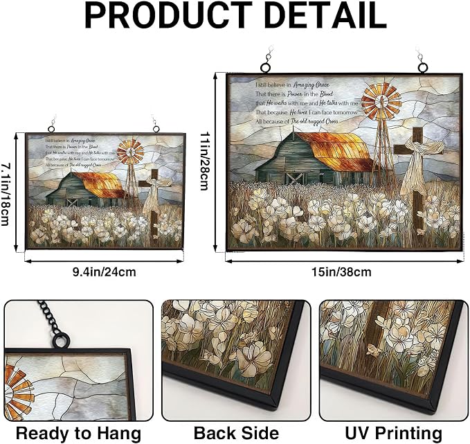 Rectangle Vintage Christian Grace Barn Cross Stained Glass Suncatcher Stained Glass Window Hangings Birthday Gift for Mom Grandma Teacher Women Friend Memorial Hook
