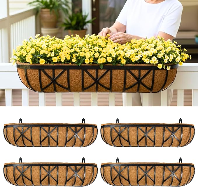 LaLaGreen 36 Inch, 4 Pack Railing Planters with Coir Liner – Large Black Metal Window Boxes with Adjustable Brackets for Wall Mounting, Herb Pots, Balcony & Fence Planter for Patio, Porch, Garden