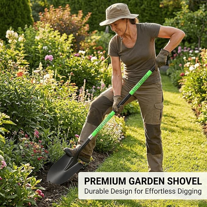 HIGHLIGHT 56-Inch Heavy Duty Round Point Garden Shovel with Non-Slip Fiberglass Handle and Sharp Blade for Deep Digging, Trenching, Landscaping, Snow, Camping and Yard Work - Green