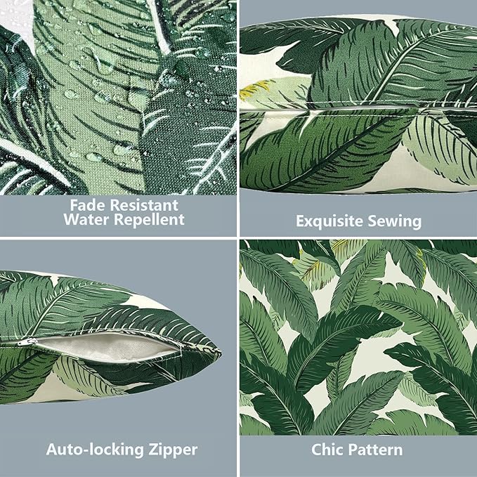 LVTXIII 2 Pack Outdoor Pillow Covers ONLY 18x18 Inch, Water-Repellent Square Decorative Cushion Covers for Patio Furniture, Garden, Sofa, Swaying Palms Green