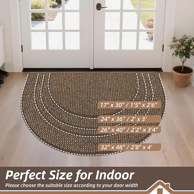 BEQHAUSE Dirt Trapper Door Mat 17" x 30" Half Circle Non-Slip Washable Doormats Entrance Rugs Absorbent Welcome Low Profile Floor Mats for Front Back Door and Entryway, Brown