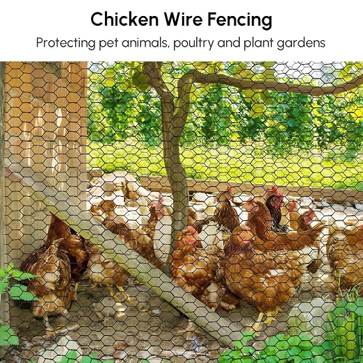 17in x 150ft Chicken Wire, Black Poultry Wire Netting, Hexagonal Galvanized Mesh, Outdoor Anti-Rust Surface Plastic Coating, Garden Fence Animal Barrier for Pet Rabbit Chicken Fencing
