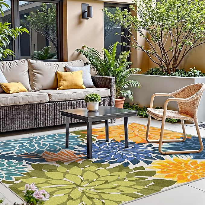 Colorful 8x10 Outdoor Area Rug Washable Multicolored Patio Rug Tropical Botanical Floral Chenille Waterproof Outdoor Carpet Non-Slip for Deck, Backyard, Porch, Green