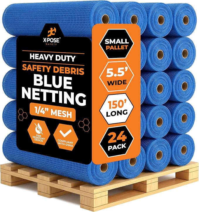 Xpose Safety Construction Safety Netting – 5.5' x 150', 1/4" Mesh Scaffold Safety Net, Temporary Material Roll, Visibility Fence, Heavy-Duty Fire Retardant, Blue (24-Pack)