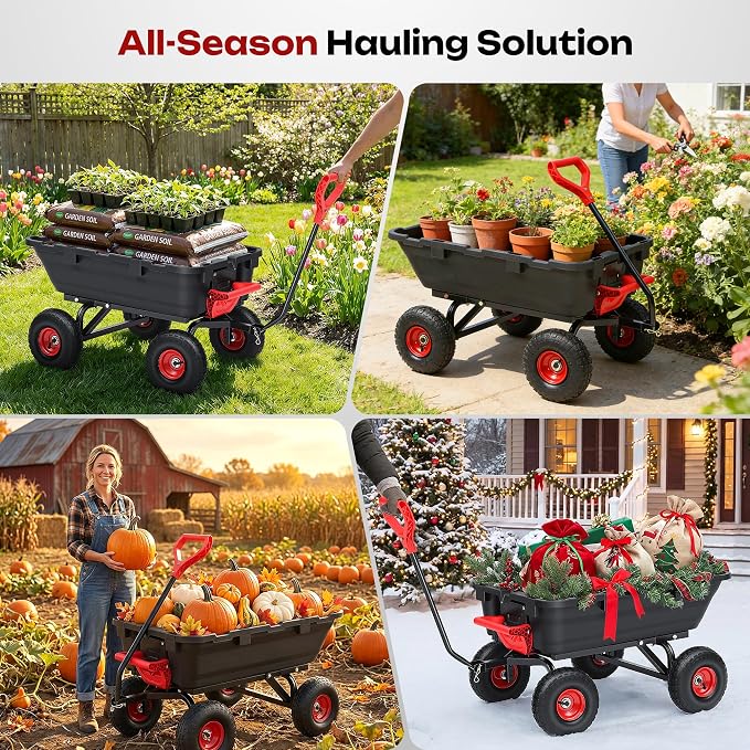 Garden Dump Cart 900Lbs, 2026 Upgraded Heavy Duty Wheelbarrow Dump Wagon with 10" Non-Slip Pneumatic Tires & Quick-Release Dumping, 4-Wheel Steel Frame Utility Carts for Yard,Farm and Garden