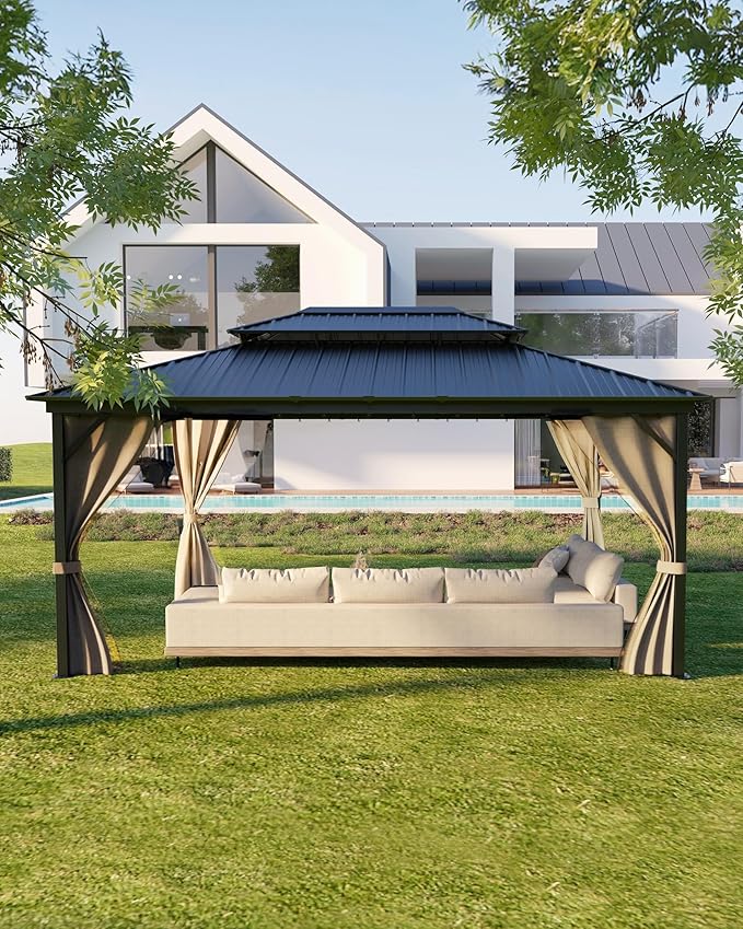 12x16 ft All-Weather Hardtop Gazebo with Double Metal Roof & Aluminum Frame – Permanent Outdoor Shelter with Net & Curtains for Patio, Deck, Backyard, Lawn, and Garden