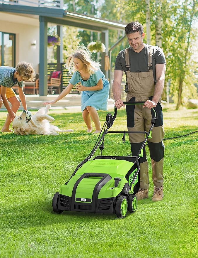 Electric Dethatcher Scarifier, 16-Inch 15 Amp Lawn Dethatcher with 5-Position Depth Adjustment, 14.5 Gal Removable Thatch Collection Bag, Quick-Fold, Keeps Lawn Health