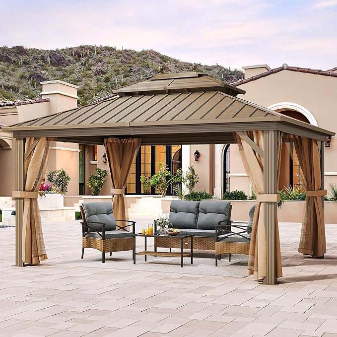 YITAHOME 10x12ft Hardtop Gazebo with Nettings and Curtains, Heavy Duty Double Roof Galvanized Steel Outdoor Combined of Horizontal Vertical Stripes Roof for Patio, Backyard, Deck, Lawn (Bronze)