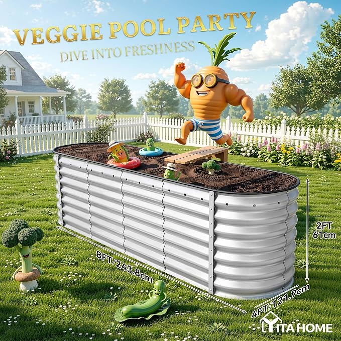 YITAHOME 2pcs 24" Tall 9 in 1 Large Raised Garden Bed Kit, 8x2x2ft Galvanized Metal Planter Box with Gloves and Safety Rubber, Outdoor Above Ground Planters for Plants Vegetables Flowers, Silver Gray