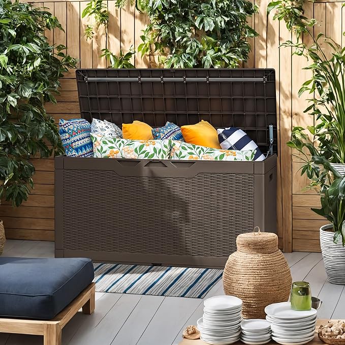 Flamaker Outdoor Storage Box 100 Gallon Waterproof Resin Deck Box Delivery with Air Rod Indoor Outdoor Lockable Storage Bench for Patio Cushions, Tools, Pool Accessories (Deep Brown)