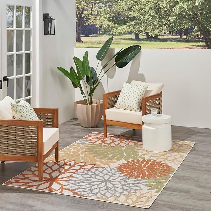 Nourison Home Aloha Indoor/Outdoor Ivory Multicolor 6' x 9' Area Rug, Easy Cleaning, Non Shedding, Bed Room, Living Room, Dining Room, Backyard, Deck, Patio (6x9)