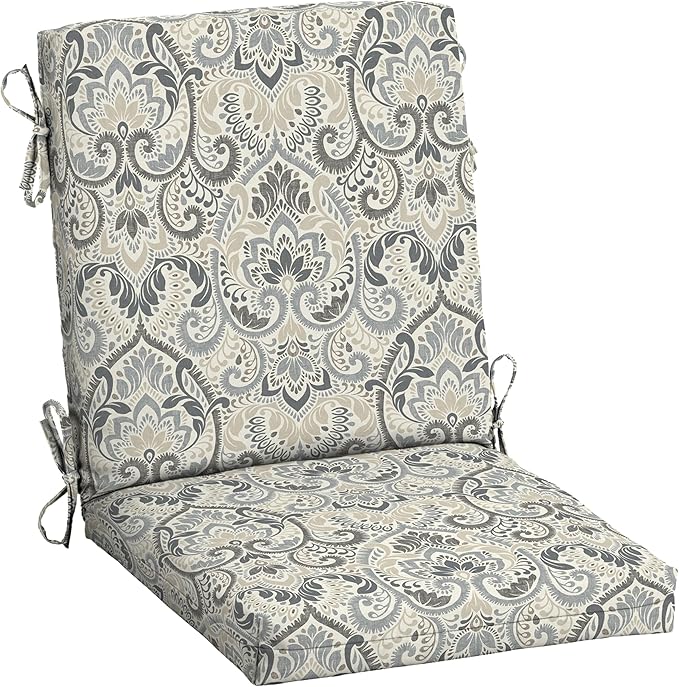 Arden Outdoor Midback Chair Cushion, 18 x 16.5, Rain-Proof, Fade Resistant Neutral Aurora Damask