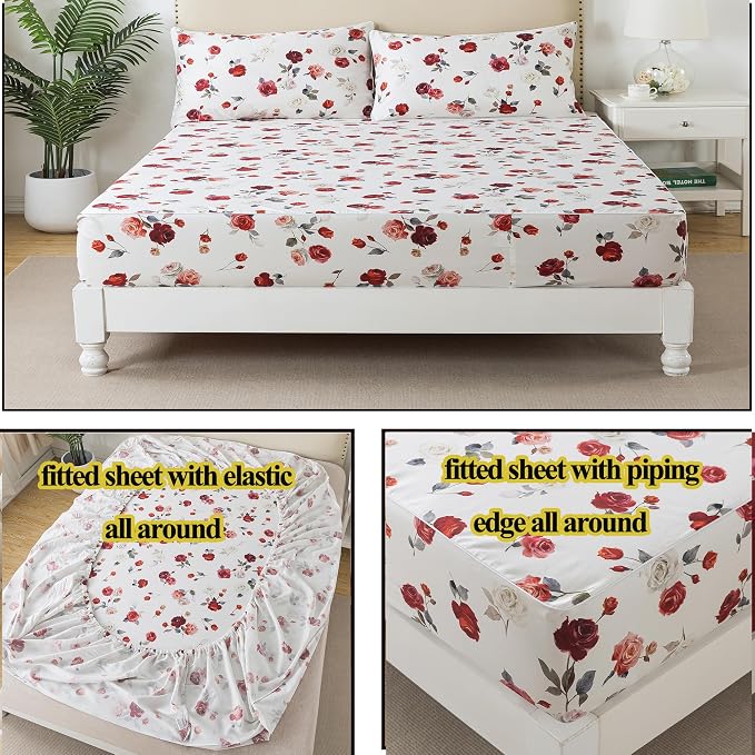 FADFAY Rose Sheets Set Cal King Vintage White Floral Bedding Red Rose Bed Sheets Shabby Farmhouse Bedding 100% Egyptian Cotton 800 Thread Count Deep Pocket Fitted Sheet 4Pc, California King Size