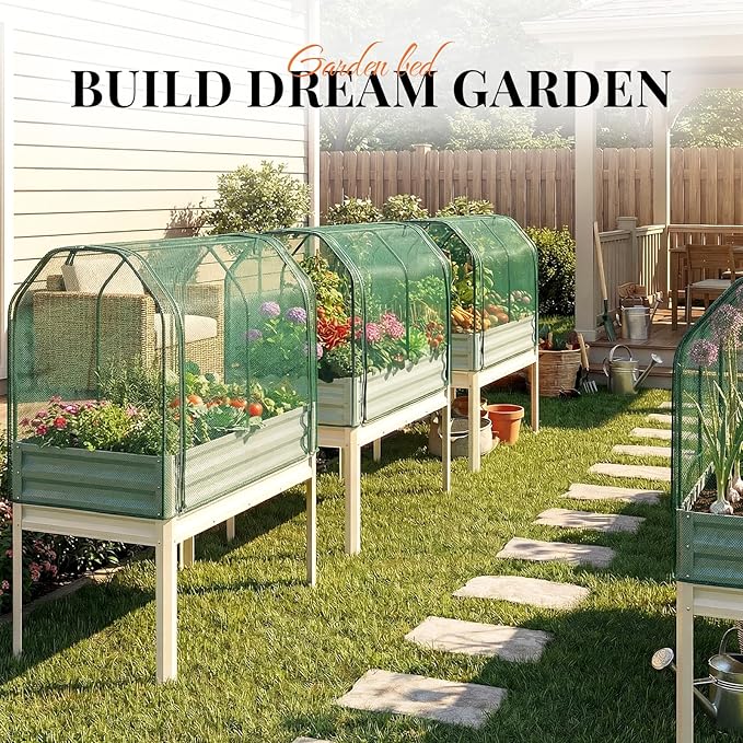 King Bird Large Raised Garden Bed with Netting Galvanized Elevated Planter Box with Legs 48×24×56 in for Backyard, Patio, Balcony, 400lb Capacity, Beige