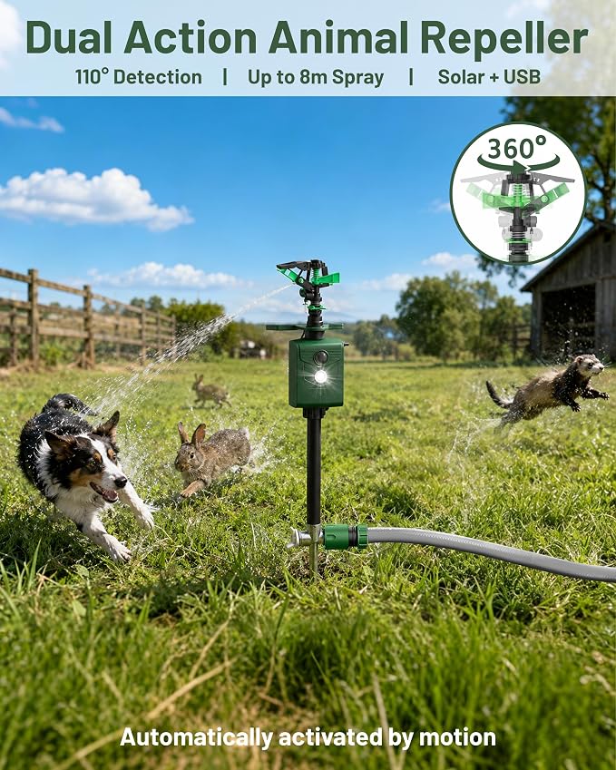Solar Motion Activated Animal Repellent Sprinkler with Upgraded Metal Stake, Cat Dog Deer Squirrel Skunk Deterrent for Lawn, Garden & Yard