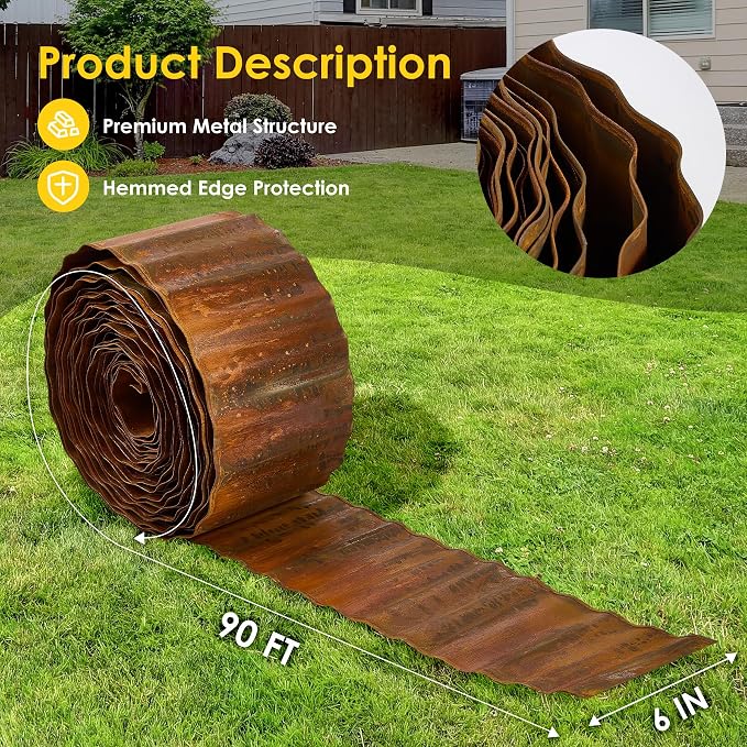 Vehipa Corrugated Landscape Edging, 6" x 90 Ft Metal Garden Edging for Lawn Landscaping, Sturdy Flower Bed Edging Border Garden Border for Landscaping, Garden Bed, Lawn (Rusty)