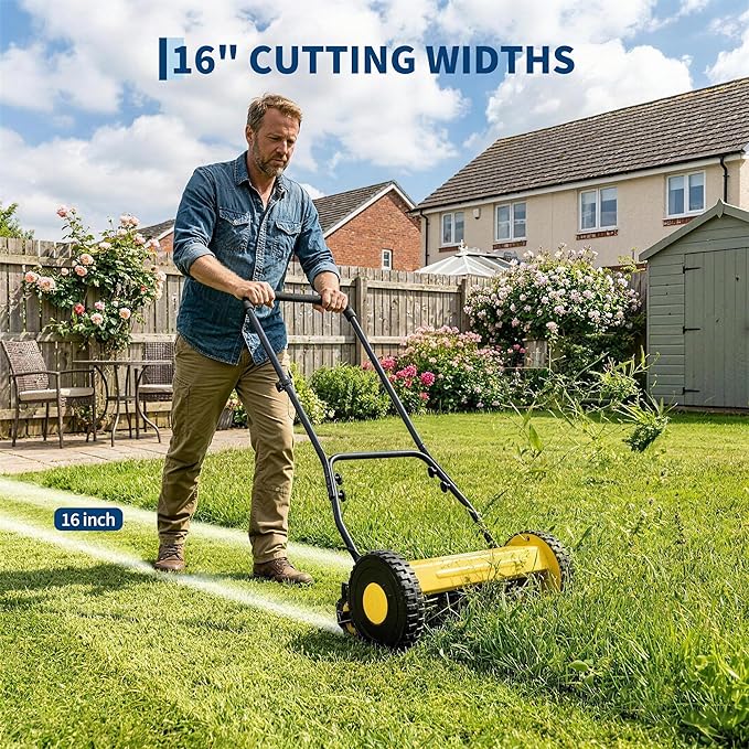 GlowSol Lightweight 5-Blade 16 inches Manual Push Reel Lawn Mower, 0.4-4in Adjustable Cutting Height, Quiet & Compact, Easy Assembly – Ideal for Small to Medium Yards – Yellow