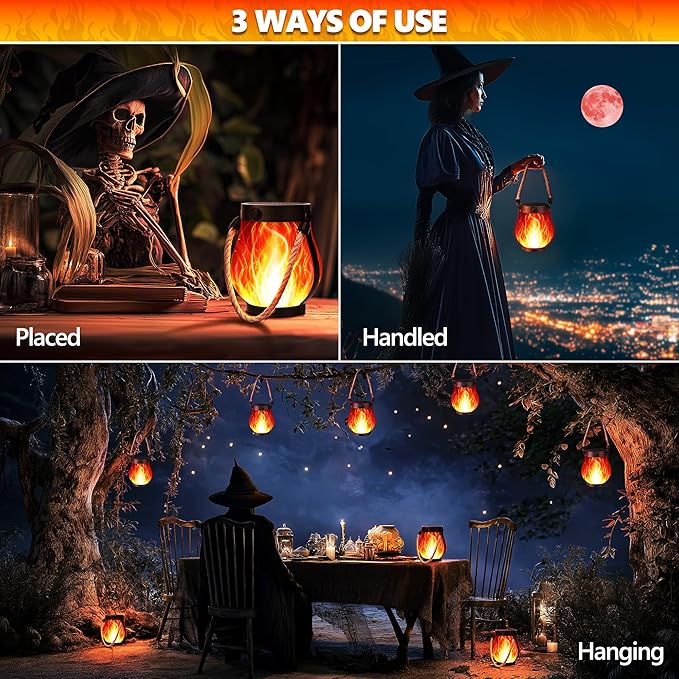 Jyoiat Solar Flame Lantern Hanging Outdoor Waterproof - 2 Pack Flame Lanterns with Dual Charging Modes of Solar & USB for Garden or Yard Decorations (Red - 2 Pack)