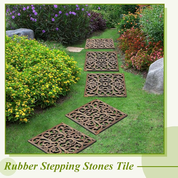 Pangda 16 Pcs Rubber Stepping Stones Outdoor Garden Walkway, 12 x 12 Inch Heavy Duty Pathway Pavers Retro Decorative Stepping Stones for Outside Landscaping Yard Lawn Path (Scroll Square,Copper)