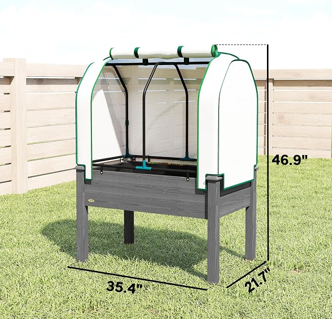 Outsunny Raised Garden Bed with PE Greenhouse Cover Outdoor Elevated Wood Planter Box for Herbs and Vegetables, Use for Patio, Backyard, Balcony, 35 x 22 x 47 inch, Dark Gray