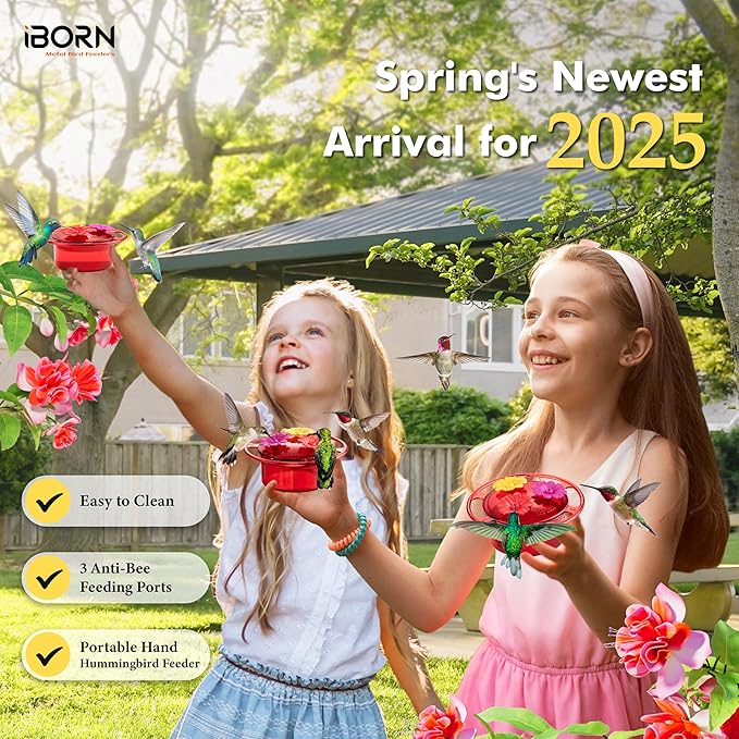 iBorn Handheld Hummingbird Feeders for Outdoors, Hummingbird Hand Feeder 3OZ Mini Bird Feeders for Outdoors, 3 Bee Guard Feeding Ports, Silicone Flower, Red (Set of 2)