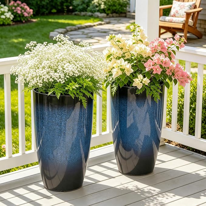 23.75" H Large Tall Outdoor Planters, Set of 2 Plastic Large Flower Pots for Outdoor Plants, with Gradient Cobalt Bule Finish, Weather-Resistant for Porch, Garden, Patio or Indoor Use