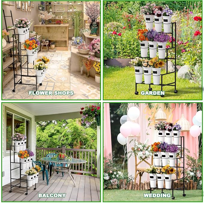 Flower Display Stand with 9 Buckets，3 Tier Metal Flower Cart Display Stand with Wheels, Flower Bar Stand for Garden Flower Shop Indoor Outdoor Wedding Party Decor