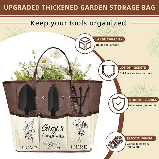 Gigi Gifts, Garden Kit Gifts for Gigi Mothers Day from Grandkids Gardening Tools and Durable Garden Tools Organizer Tote, Ideal Gardening Set for Women on Plant Lover Birthday Present Brown