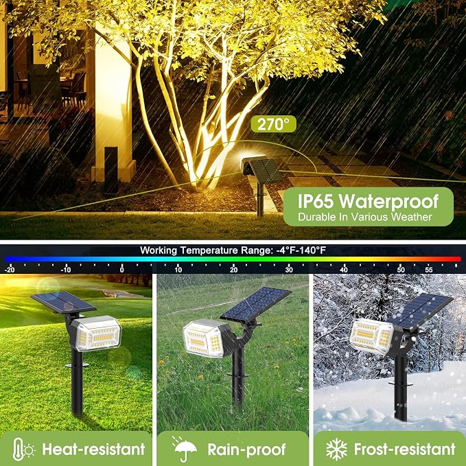 WENATY 102 LEDs Solar Lights Outdoor Waterproof, Spot Lights Outdoor with 4 Light Modes, Landscape Spotlight for Tree, Pathway, Yard, Garden, Adjustable Solar Panel Auto On/Off, 1 Pack, Warm