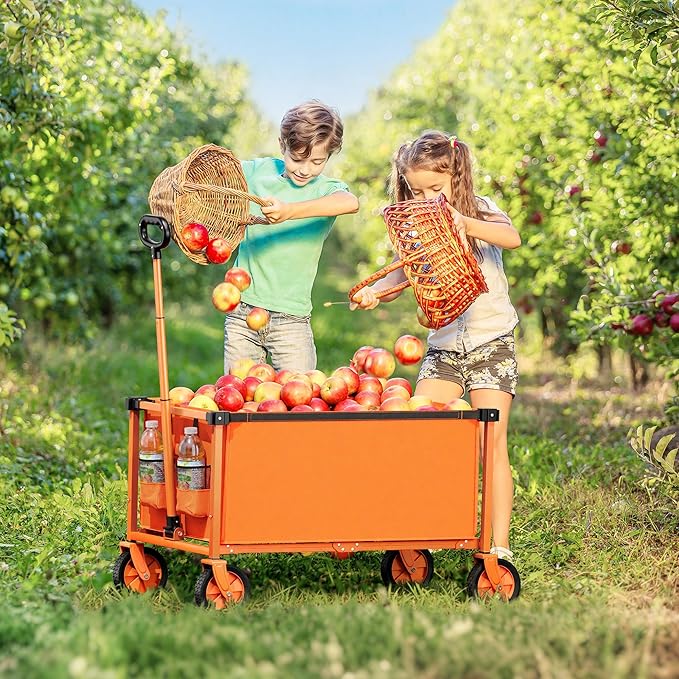 Collapsible Wagon Cart with Wheels, 150L Lightweight Foldable Utility Cart, Portable Rolling Wagon for Garden, Shopping, Sports, Camping, Transport, Tangerine