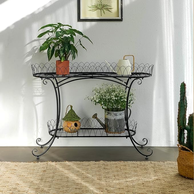 Black Two-Tier Plant Stand with Ornate Edge, 39-inch Long Top Shelf & Waistline Legs, Pots Stand, Fantastic Garden Decor for Indoor Outdoor Use