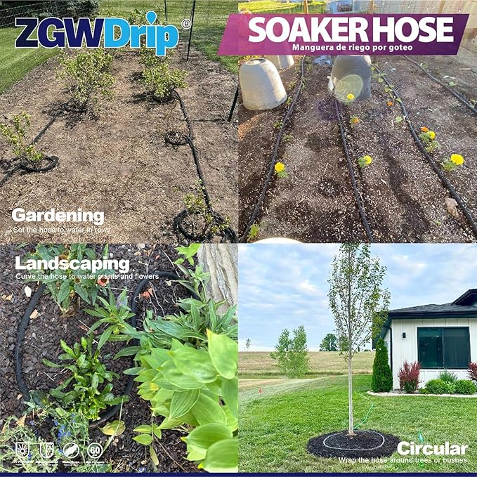 100FT 5/8" Water-Saving Soaker Hose with Solid Brass Connectors, High-Flow Drip Irrigation for Lawn & Landscaping with Metal Staples