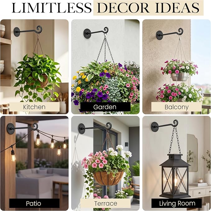 RTZEN Plant Hangers Outdoor or Indoor - Wrought Iron Metal Hanger Indoor Hook - Heavy Duty Wall Bracket Hooks for Hanging Plants Baskets Lanterns Bird Feeders - 2 Pack (Black Swirl Hooks 7.5")