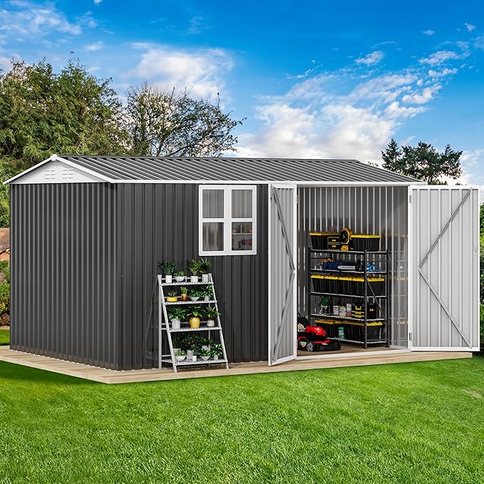 DWVO 12' x 8' Outdoor Storage Shed, Waterproof Metal Garden Shed with Windows, Lockable Doors, and Sloped Roof for Patio, Backyard, Lawn, Tool Storage, Bike Shed, Pet Shelter (Gray + White)