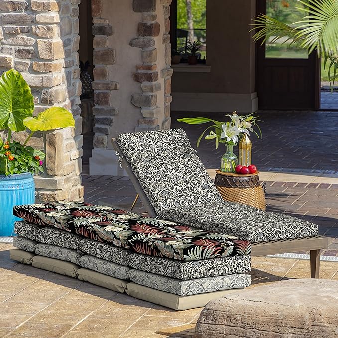Arden Outdoor Chaise Cushion, 21 in x 72 in, Weather-Proof, Rain-Proof, Fade Resistant Patio Cushion for Chaise Lounger Black Aurora Damask