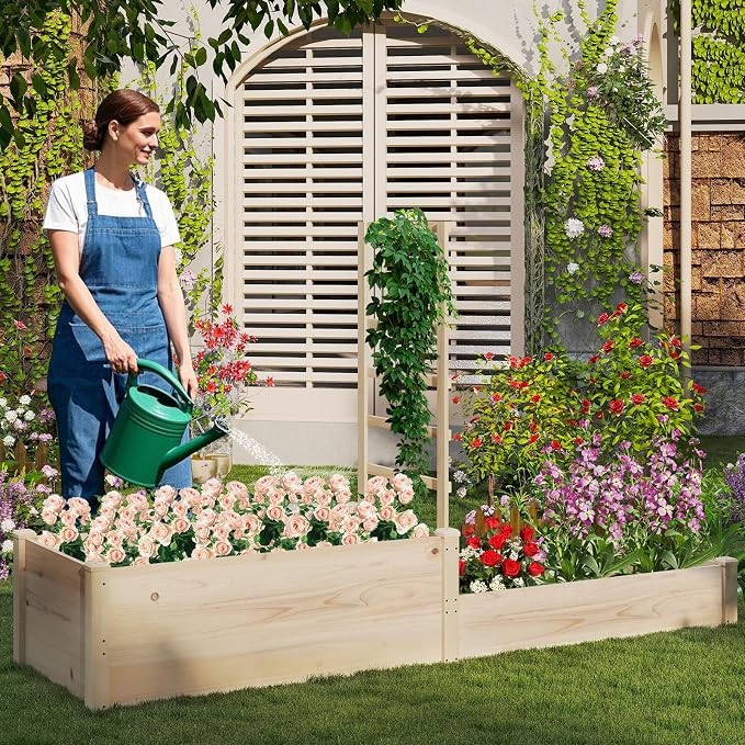 Giantex Wooden Raised Garden Bed with Trellis & 2 Planter Boxes, Raised Bed for Vegetables Flowers Vine Fruits Herbs Gardening Planting, Outdoor Garden Box for Patio Backyard Lawn