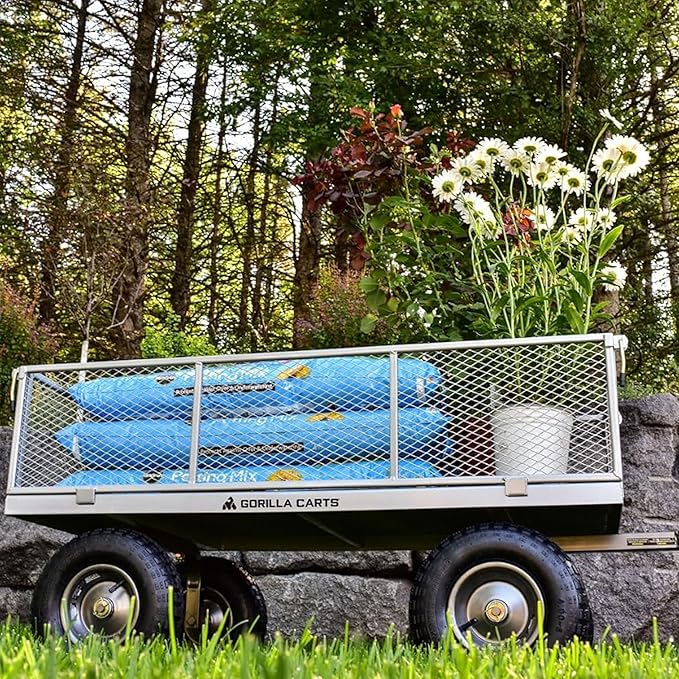 Gorilla Carts Steel Utility Garden Cart, 1,000-Pound Capacity, Gray - Heavy-Duty Outdoor Wagon with Removable Sides, 13-Inch Pneumatic Tires, and Convertible Pull or Tow Handle