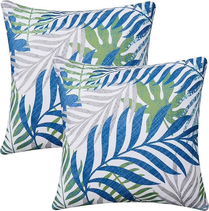Outdoor Pillow Covers 18x18 Set of 2 Hawaii Tropics Palm Leaves Blue Green Gray Floral Pattern Decoration Pillow Covers for Spring Summer Outdoor Waterproof Garden Patio Sofa Bed Decor JB010-E18