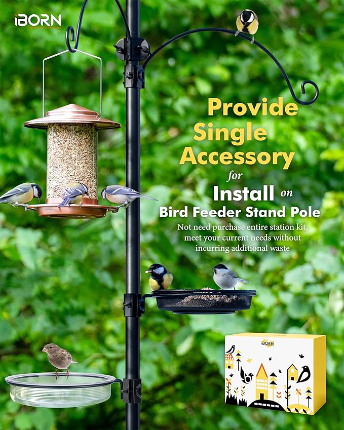 iBorn Bird Feeders Station Mesh Tray and Ring for 1” Pole Stand Station Outdoor Accessory for Humming Bird Feeders for Outside,Fit for 1 Inch Pole, Pack of 1 (Mesh & Water Tray, Pack of 2)