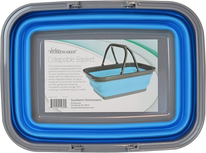 Collapsible Shopping Basket Tote – Silicone Market Basket with Handles, Portable and Foldable, Blue