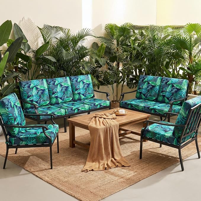 pickyNproud 14Pcs Patio Cushion Covers Stretch Outdoor Couch Cushions Slipcovers Replacement Washable Furniture Protector with Elastic Bottom Sofa Chair Seat Cover, Palm Leaves